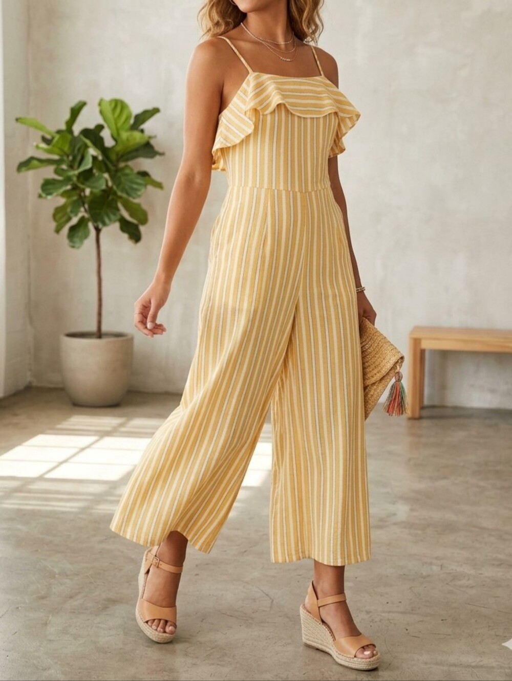 Altar'd State Yellow and White Striped Off-Shoulder Strap Jumpsuit/Romper US M